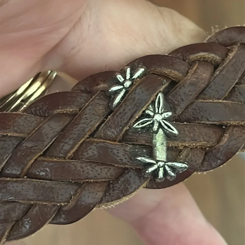 Vintage Boho Western Woven Braided Brown Leather Belt‎ with Floral Silver Buckle
